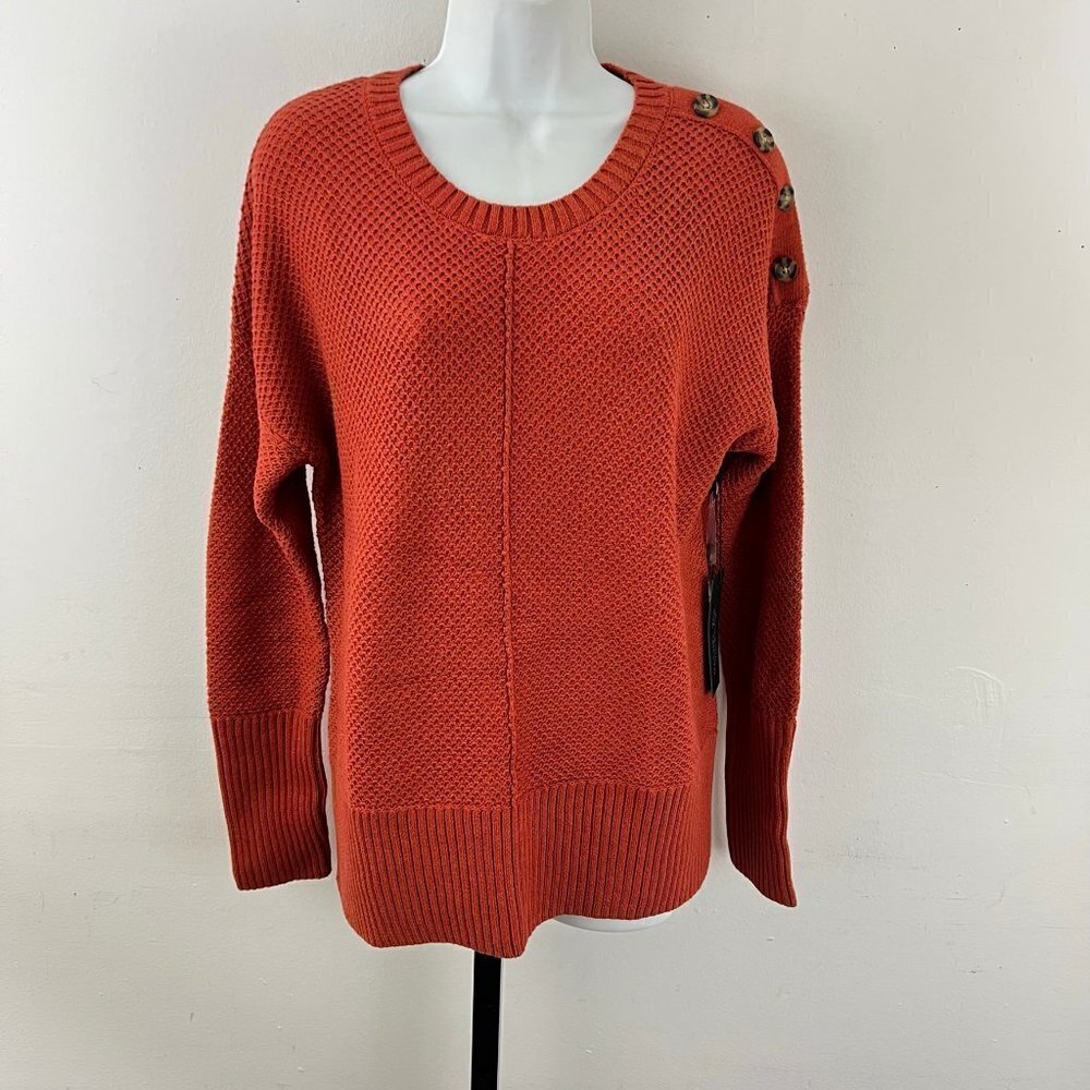 Rachel‎ Zoe Women's Orange Crewneck Sweater with Button Detail Shoulders L